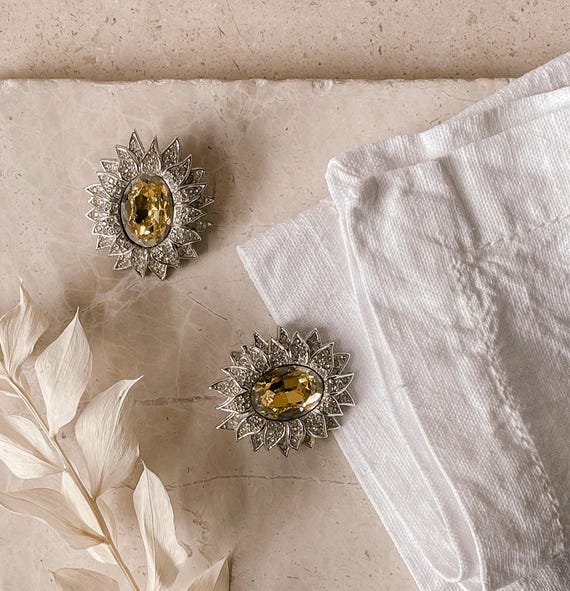 Dior Statement Silver Sunflower Style Crystal Ear… - image 2