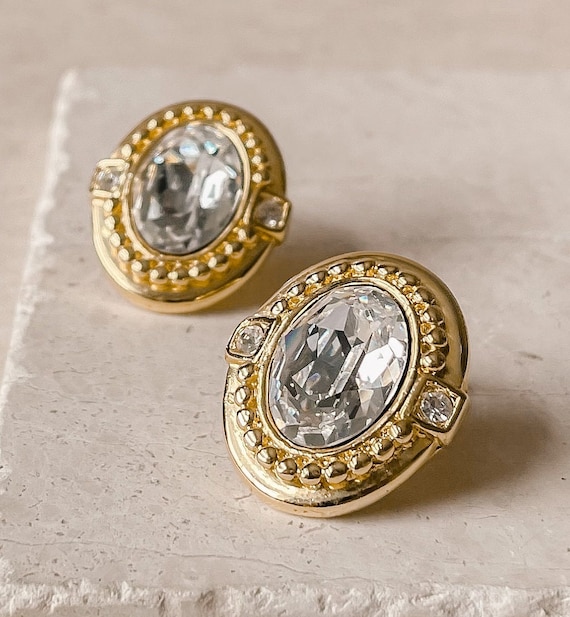 Boucles D'oreilles OSCAR DE LA RENTA - Cristaux Transparents Sur Plaqué Or - Neuf Sans Boîte
