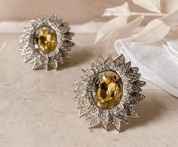 Dior Statement Silver Sunflower Style Crystal Ear… - image 1