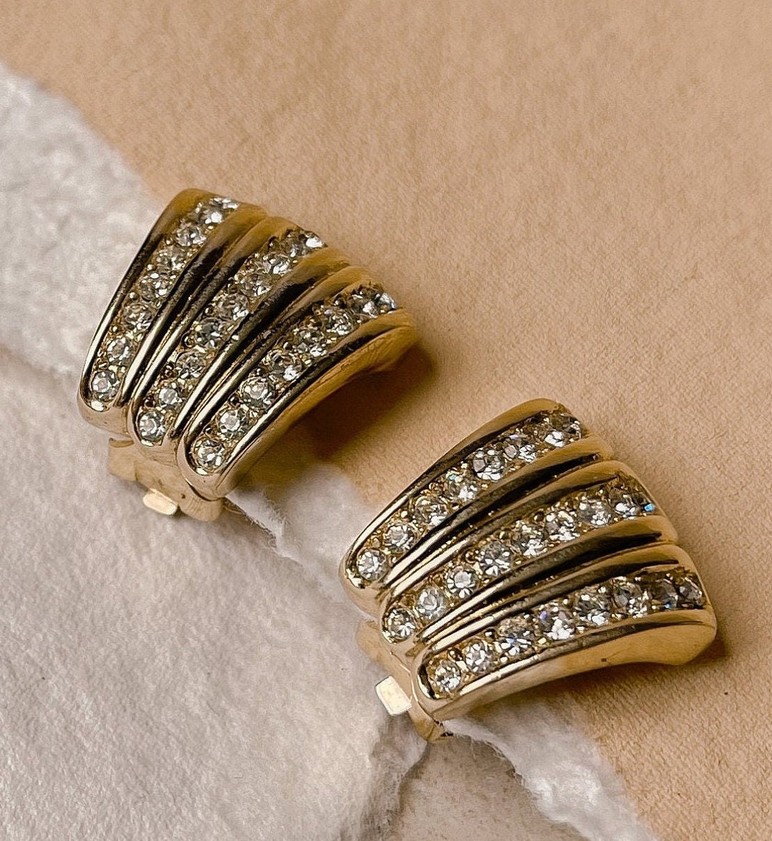 Vintage Dior Gold and Crystal Fan Style Earrings Etsy
