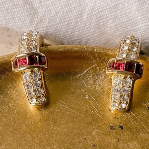Dior Vintage Gold Red and Clear Crystal Half Hoop Earrings