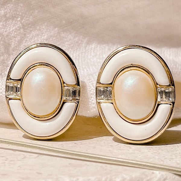 Givenchy Ivory Enamel and Pearl Oval Earrings