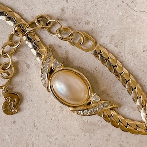 Vintage Dior Gold Snake Chain Choker with Pearl and Crystal Centrepiece