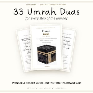 May include: A set of three white prayer cards titled 33 Umrah Duas for every step of the journey. The central card features an illustration of the Kaaba with the text Umrah Duas, Quran & Authentic Sunnah, and 33 invocations. The cards include Arabic text.