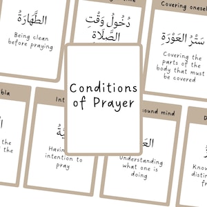 Peut inclure: Un ensemble de cartes éducatives intitulées Conditions of Prayer, présentant des écritures arabes et des explications en anglais sur des concepts comme la propreté, la pudeur, l'intention, la raison, le discernement et la direction de la Kaaba.