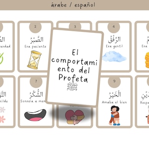 Peut inclure: Un ensemble de dix cartes éducatives présentant du texte en arabe et des traductions en espagnol décrivant le comportement du Prophète. Chaque carte comprend un en-tête numéroté, une vertu spécifique et une illustration comme un sablier ou des pièces.