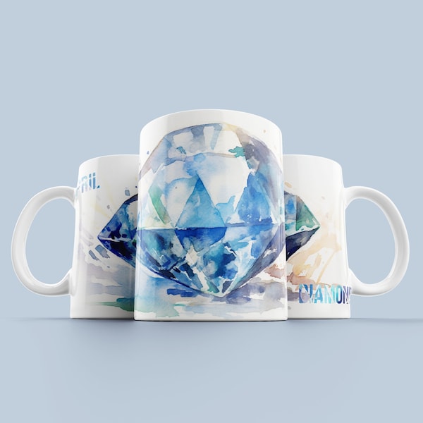 April Diamond Birthstone Mug - Ceramic Mug 11oz, Microwave and Dishwasher Safe, Lead and BPA-Free - Watercolor Diamond Splash