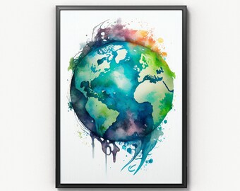 Acuarela Tierra - Descarga digital Arte imprimible