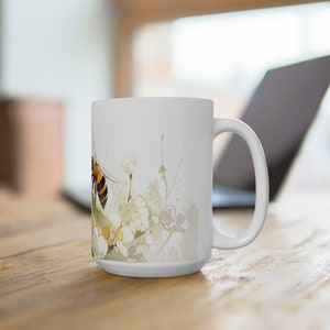 Bee in the Flowers Mug - Ceramic Mug 15oz, Microwave and Dishwasher Safe, Lead and BPA-Free - Watercolor Floral Mug