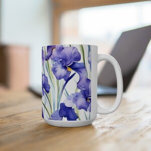 Blue Iris aquarel mok - keramische mok 15oz, magnetron- en vaatwasmachinebestendig, lood- en BPA-vrij - Florale elegantie voor uw ochtendroutine