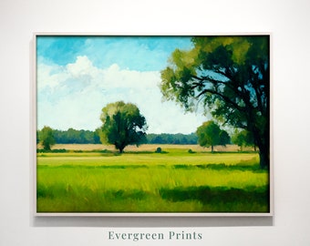 Grass Field with Trees Digital Print - Oil Painting Style - Digital Download Printable Art
