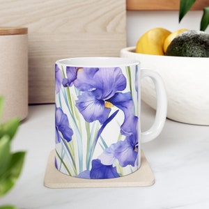 Blue Iris aquarel mok - keramische mok 11oz, magnetron- en vaatwasmachinebestendig, lood- en BPA-vrij - Florale elegantie voor uw ochtendroutine