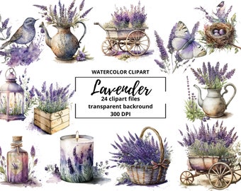 Watercolor lavender clipart, purple floral, commercial use, instant download PNG