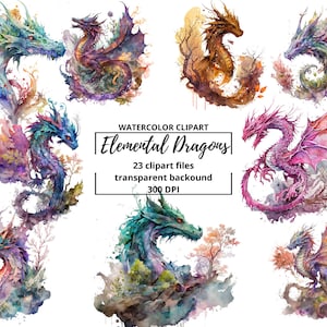 Fairytale Dragons Watercolor Clipart, magical elemental fantasy illustration, scapbook PNG, Commercial use, instant download