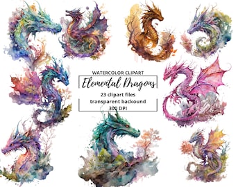 Fairytale Dragons Watercolor Clipart, magical elemental fantasy illustration, scapbook PNG, Commercial use, instant download