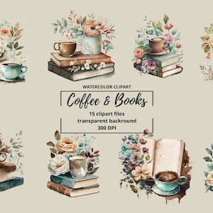 Watercolor Coffee and Books Clipart, rustic floral desk scenes  in PNG format instant download for commercial use