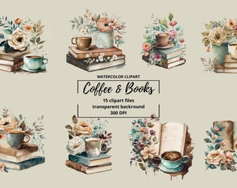 Akvarell kaffe och böcker Clipart, rustika blommiga skrivbordsscener i PNG-format direktnedladdning för kommersiellt bruk
