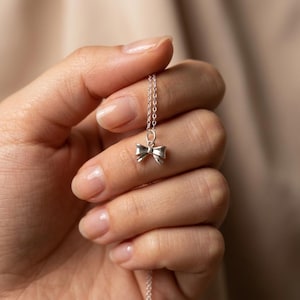 Peut inclure: Un collier argenté doté d'un petit pendentif délicat en forme de nœud, suspendu à une fine chaîne en métal assortie. Le pendentif est poli et reflète la lumière, présentant un design simple et symétrique avec deux boucles et deux pans.