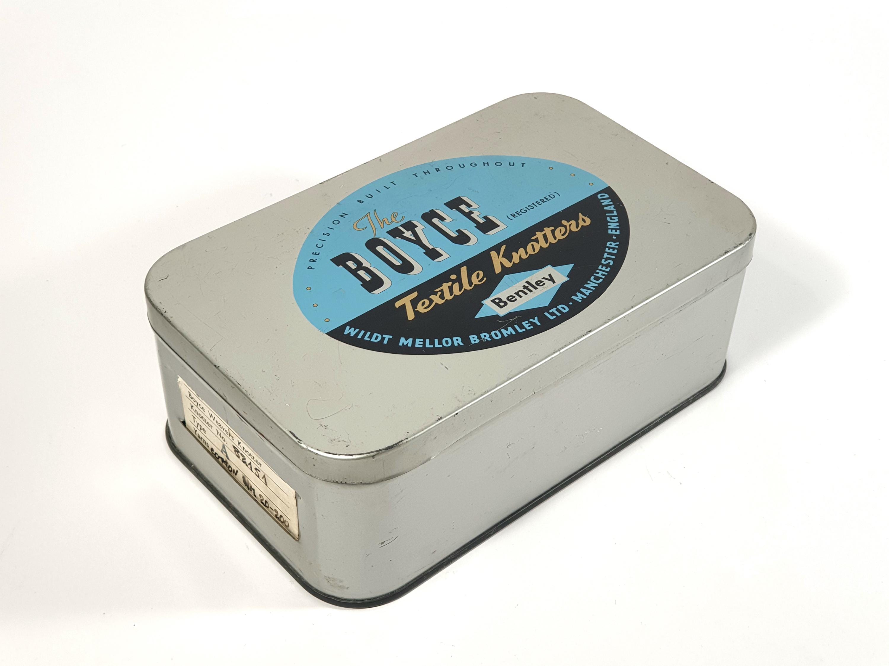1960's BOYCE Textile Knotter Sewing Box Tin Machine Attachments