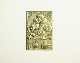 Antique Embossed SAN ANTONIO di PADOVA Silver Italian Milagro Bas-Relief Votive Icon Offering Medal Saint Anthony Catholic Church Christian
