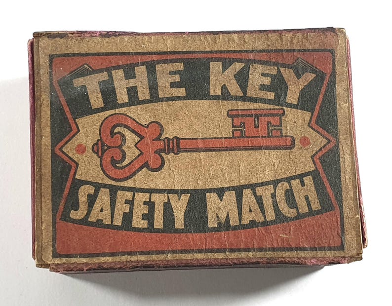 Entry Key Match Sticker Antique THE KEY Safety Match Box Wooden Matches Czechoslovakia Ea. 1900 ...
