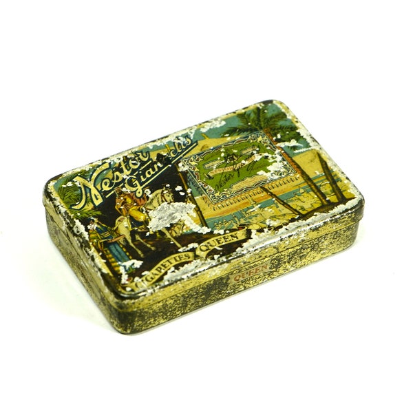 RARE Antique NESTOR GIANACLIS Cigarettes Queen Tobacco Tin Box Lithographed Egyptian Oriental Cigarette Frankfurt Cairo Camel Vintage