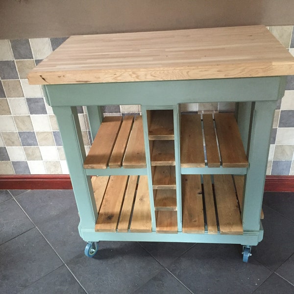 Solid pine kitchen island with a oak top bespoke made to order and requirements finished in your chosen farrow and ball colour or stained