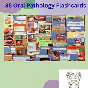 May include: A collection of 35 oral pathology flashcards, featuring images and text. The title "35 Oral Pathology Flashcards" is displayed at the top. The Happy Flosser logo is at the bottom, with the text "Oral Health Influencer."