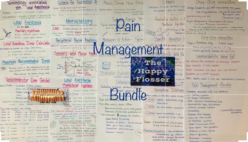 May include: A close-up of a handwritten page with the title "Pain Management Bundle" and the text "The Happy Flosser" in a blue circle. The page is filled with notes and diagrams about pain management, including topics like local anesthesia, neuroanatomy, and drug interactions.