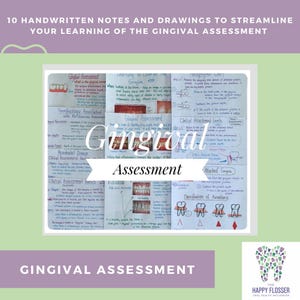Puede incluir: Una imagen colorida con notas escritas a mano y dibujos sobre la evaluación gingival. La imagen incluye diagramas de dientes y encías, y texto que explica diferentes aspectos de la evaluación gingival. El texto incluye términos como "Evaluación gingival", "Niveles de unión clínica" y "Clasificación de furcaciones".