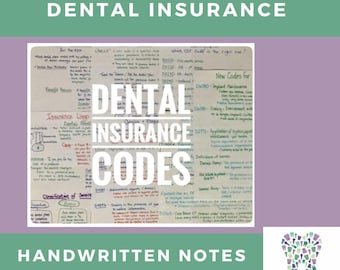 May include: Handwritten notes on a page titled "Dental Insurance Codes". The notes include information about dental insurance plans, codes, and procedures. The page is surrounded by a green border and a pink background.
