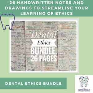 Puede incluir: Una descarga digital de 26 páginas escritas a mano con notas y dibujos sobre ética dental. Las páginas están organizadas en un paquete y presentan el texto "Dental Ethics Bundle. 26 Pages".