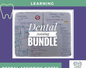 May include: A close-up of a notebook with handwritten notes and drawings on dental assisting. The notebook is open to two pages, one titled "Dental Materials" and the other titled "Temporary Crown and Bridge". The notebook is surrounded by a purple background with a white tooth graphic on either side. The text "Dental Assisting Bundle" is written in a large, white circle with a black outline.