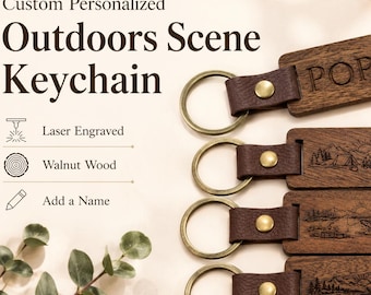 Custom Outdoors Scene Personalized Walnut Keychain Camping Hunting Fishing Hiking Customized Gift