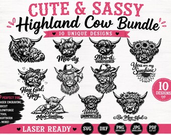 Highland Cow Bundle | 10 Laser Ready Designs (svg, png, jpg, dxf, pdf)