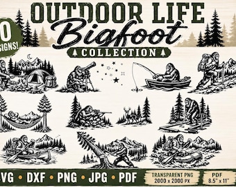 Bigfoot Outdoor Life Collection | 10 Laser Ready Designs (svg, dxf, png, jpg, pdf)
