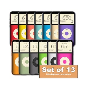 May include: A set of 13 digital art prints featuring colorful, retro-style music players. Each player has a different color scheme, with a screen displaying the time. The text "Set of 13" and a website address are also visible.