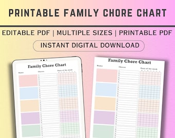 Printable Family Chore Chart, Editable Home Organization (Digital Download)