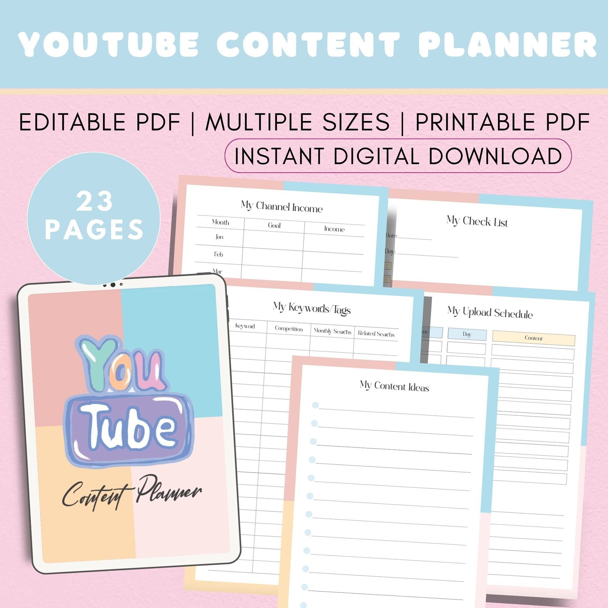 Youtube Content Planner, Printable &amp; Editable Social Media Organization ...