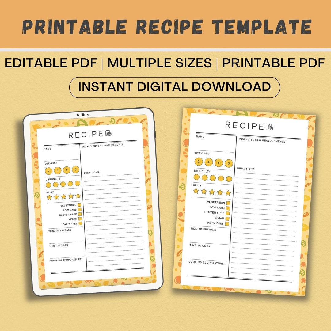 Printable &amp; Editable Recipe Template, Recipe Sheet, Recipe Printable - Etsy