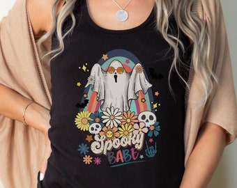 Ladies Halloween Racerback Tank Top, Spooky Babe Halloween Tank, Groovy Ghost Shirt, Spooky Season Tank Top, Gift for Her, Besties Gift