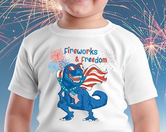 Summertime Dinosaur July 4th Shirt for Kids/Childs Animal Graphic Tshirt/Patriotic Dino Kids 4th of July Shirt/Independence Day Kids Tee