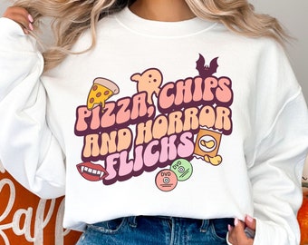 Groovy Halloween Horror Flicks Sweatshirt for Scary Movie Lover, Retro Halloween Shirt, Vintage Horror Movies Shirt, Plus Size Fall Crewneck