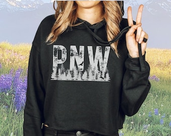 PNW Grunge Letters Women's Cropped Fleece Hoodie, Pacific Northwest Crop-Top Hooded Sweatshirt, Camping Hoodie, PNW Gift for Her