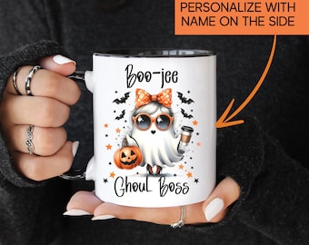 Personalizable Boo-jee Ghoul Boss Ghost Coffee Mug for Barista Gift, Cute Girly Ghost Halloween Mug for Girl Boss Gift, Spooky Season Cup