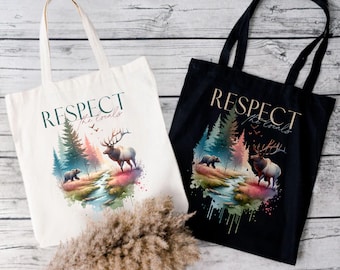 Respect the Locals, Wildlife Tote Bag for PNW Travel Gift, Pacific Northwest Reusable Grocery Bag, Granola Girl Aesthetic Cotton Canvas Bag