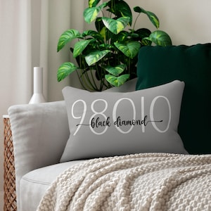 May include: A rectangular gray pillow with the text "98010 black diamond" in white and black. The pillow is on a gray sofa with a cream-colored blanket. A green plant is in the background.