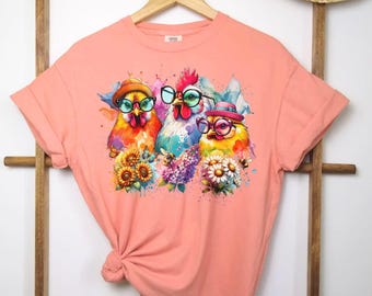 Spring Watercolor Farm Girl Chicken Tshirt, Floral Hen Shirt for Chicken Lovers, Comfort Colors Farm Animal Tee, Backyard Farm Gift for Her
