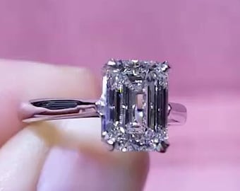 Emerald Cut Engagement Ring in Silver / 3.00 CT Moissanite Engagement Ring / Emerald Solitaire Moissanite Ring / Silver Promise Ring