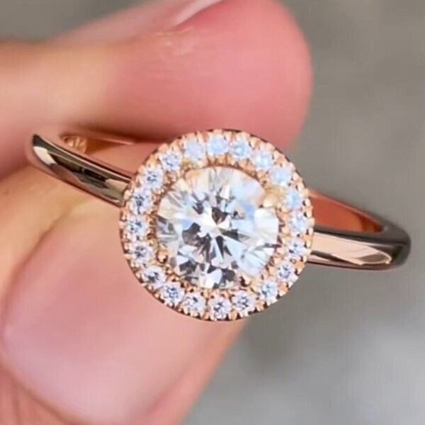 Round-Cut Halo Moissanite Engagement Ring in 14k Rose Gold/2 CT Moissanite Engagement Rings/Solitaire Moissanite Ring/Rose Gold Promise Ring